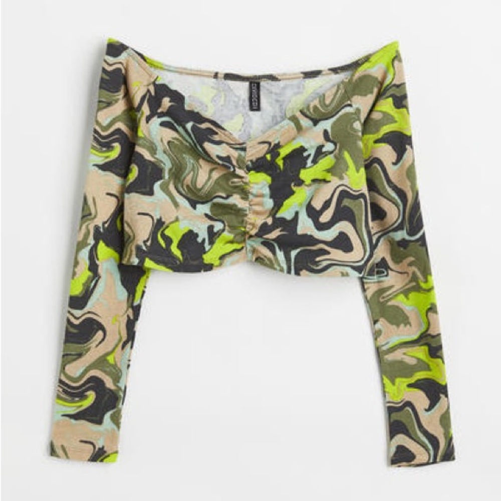 Camouflage Off The Shoulder Long Sleeve Crop Top